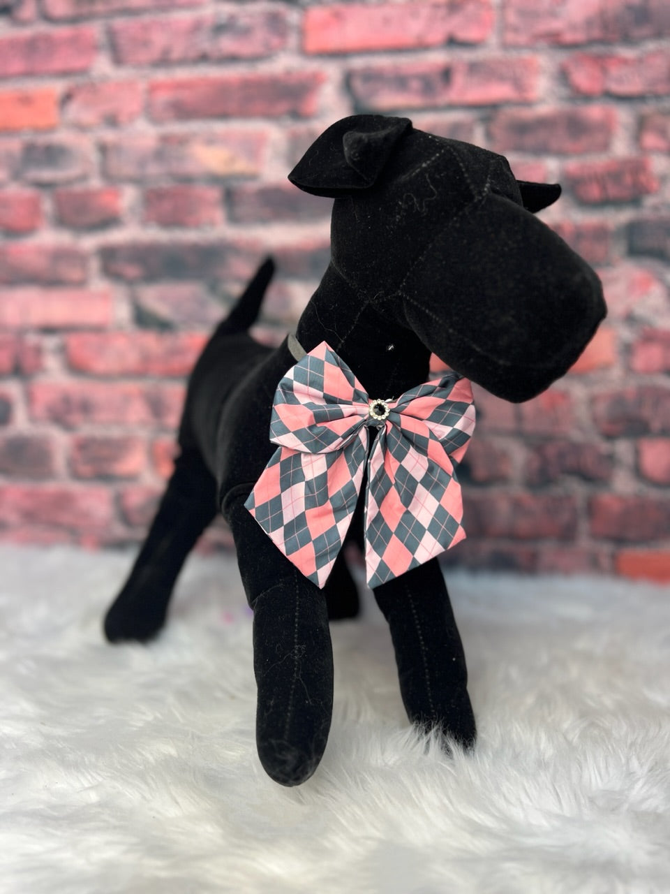 Pink and grey ARGYLE bow tie with tails(6 INCH) 6 pack
