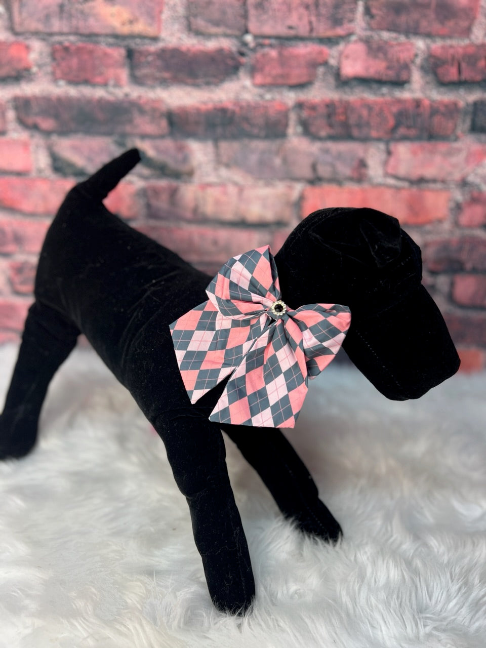 Pink and grey ARGYLE bow tie with tails(6 INCH) 6 pack