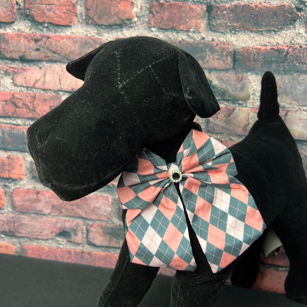 Pink and grey ARGYLE bow tie with tails(6 INCH) 6 pack