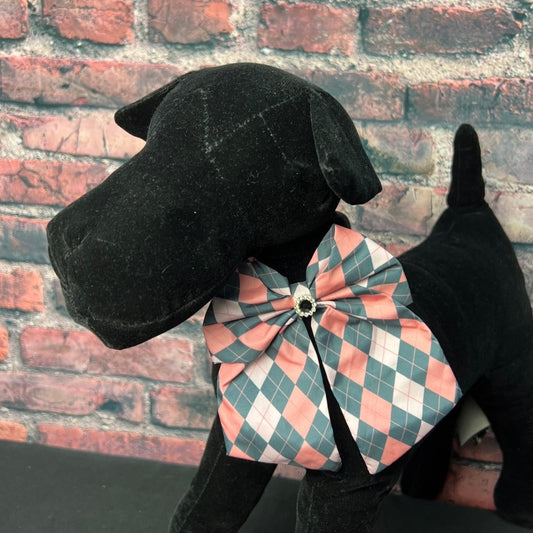 Pink and grey ARGYLE bow tie with tails(6 INCH)  6 pack