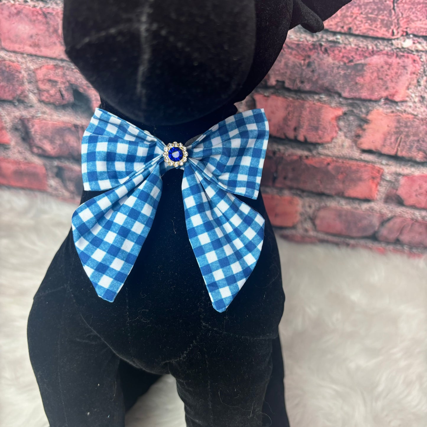 BLUE AND WHITE CHECK TINY GIRL BOW WITH TAILS