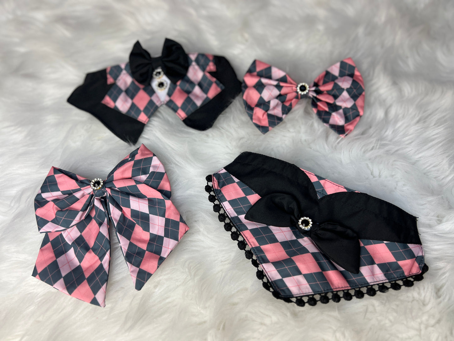 Pink and grey ARGYLE oversized bow 6 pack